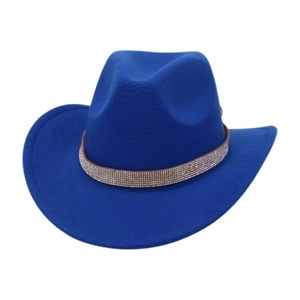 Detail of blue wool felt cowboy hat featuring a shimmering rhinestone decorative band