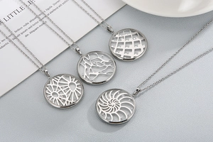 Detailed view of silver hollow circular pendants with geometric patterns and zircons