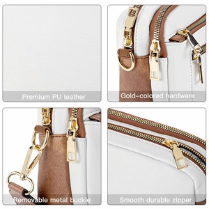 Crossbody bag in white and brown PU leather with gold hardware and adjustable strap