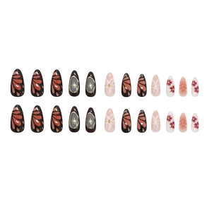 Exquisite 24pcs almond press-on nails with 3D floral and celestial butterfly designs