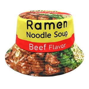 Unisex yellow ramen noodle soup bucket hat with beef flavor graphics and sun protection