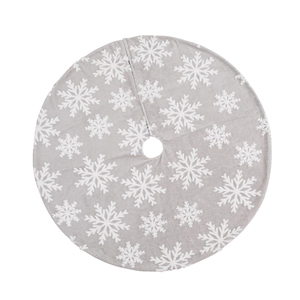 Jupe de sapin de Noël grise en peluche avec motifs flocons blancs et forme ronde