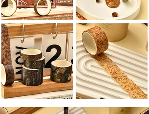 Close-up of vintage washi tape set featuring botanical and floral patterns for scrapbooking