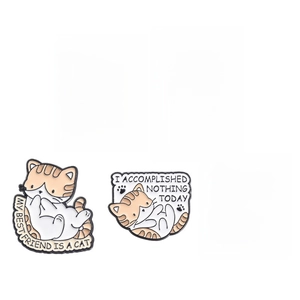 Set of five cute cartoon cat enamel pins with motivational English slogans for cat lovers