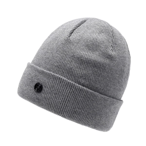 Winter thermal grey ribbed knit beanie for men with fleece lining and embossed logo