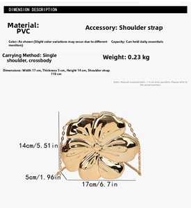 Detailed view of golden flower clutch bag dimensions and metallic PVC texture specs