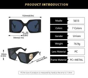 Detailed dimension chart for square oversized sunglasses with frame and lens measurements