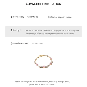 Detailed specs of 17cm copper bracelet with pink square zircons and 18K gold finish