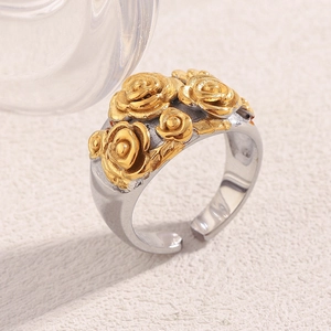 French vintage stainless steel 18K gold floral open ring with 3D rose blossoms