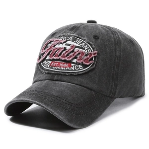 Vintage washed charcoal baseball cap with distressed embroidery and retro American style