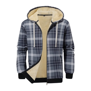 Schwerer Herren-Karo-Kapuzenjacke mit warmem Sherpa-Futter und Reißverschluss in Blau-Grau