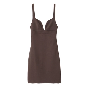 Short brown mini dress with deep V-neckline and wide shoulder straps on white background