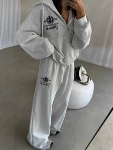 Ensemble Deux Pièces Femme Sweat à Capuche Brodé Lettres Et Pantalon Droit Gris Clair Mélange de Coton Sportswear Top Et Bottom