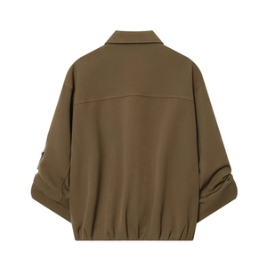 Back view of a cropped dark brown bomber jacket with rolled sleeves and elastic hemline