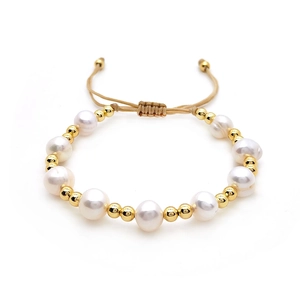 Bohemian multilayered pearl bracelet set with white pearls and gold metal beads