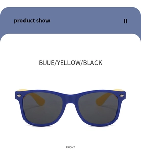 Front view of blue and yellow kids classic sunglasses with silver metal rivets
