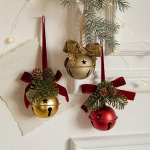Christmas Hanging Bells Metal Ornaments With Velvet Bow Pine Cones And Artificial Needles For Xmas Tree Festive Decor
