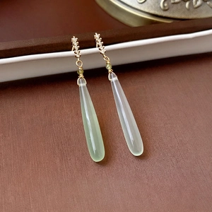Elegant 18K gold-plated drop earrings with green zircon and teardrop jade pendant
