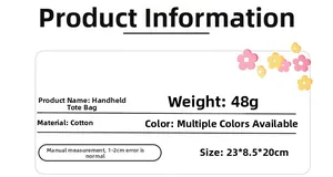 Detailed specification chart for cotton tote bag showing size, weight, and material data