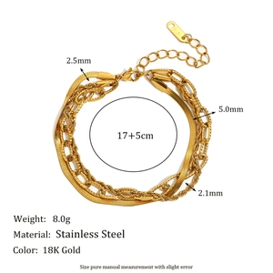 Dreilagiges 18K vergoldetes Edelstahl-Armband-Set mit Panzer- und Büroklammerkette für Damen