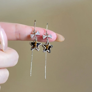 Bow and leopard print star long drop earrings with sparkling zircon tassels