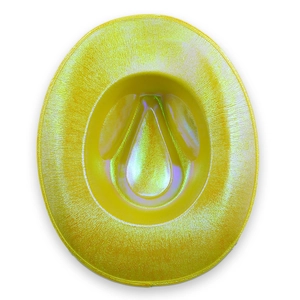 Detailed top view of neon yellow cowboy hat featuring vibrant laser holographic finish