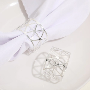 Set of 2 silver triangular hollow metal napkin rings with geometric mesh design