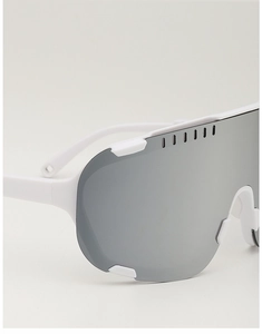 Detail of white matte cycling sunglasses with silver mirrored lenses and venting holes