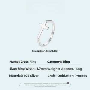 Detailed view of S925 sterling silver cross ring showing 1.7mm band width and 1.4g weight