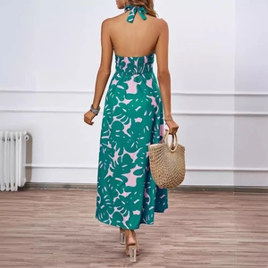 Robe longue dos nu à imprimé tropical avec licou pour les vacances d'été élégantes