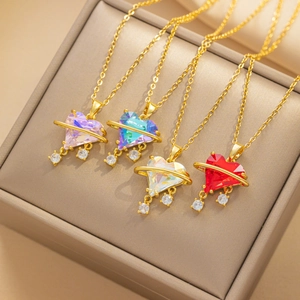 Heart Planet Pendant Necklace Titanium Steel Zircon Inlaid Gold Plated Fashion Jewelry For Women Elegant Trendy Accessories