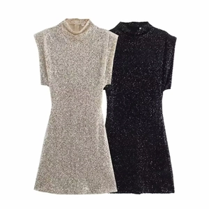 Chic sequin high-neck sleeveless mini dresses in black and champagne silver options