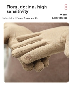 Detailed view of camel thermal gloves featuring floral touch screen embroidery on the index finger