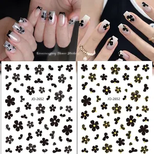 Flower Nail Art Stickers Camellia Design Self Adhesive Elegant Black Gold Silver Manicure Decoration Accessories Women