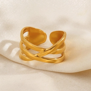 18K gold plated stainless steel wide cross band ring with adjustable open design