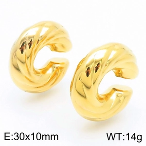 Polished 18k gold hollow C-shape clip-on earrings with twisted texture, 30x10mm size