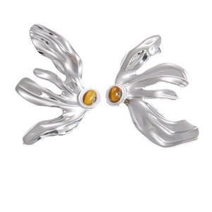 Exaggerated stainless steel leaf earrings with brown oval gemstone in silver finish