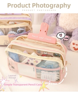 Detailed view of pink three-layer large capacity transparent stationery organizer pouch
