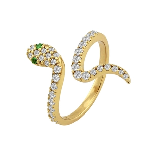 Elegant 18k gold plated 925 silver snake ring with green stone eyes and clear zircon stones