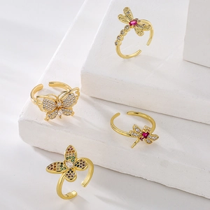 Butterfly Dragonfly Open Ring Copper Gold Plated Zircon Adjustable Insect Jewelry Trendy For Women