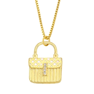 Golden handbag pendant necklace with white quilted pattern and crystals on box chain