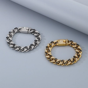 Hip hop style gold and silver Cuban link bracelets with black resin and crystals