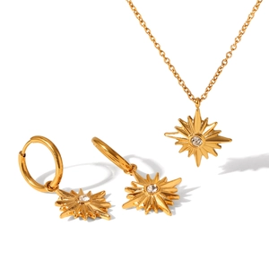 18K gold plated stainless steel sunburst necklace and hoop earrings jewelry set