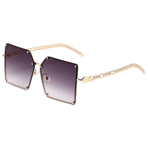Fashionable oversized square rimless sunglasses with purple gradient lenses and gold chain temples