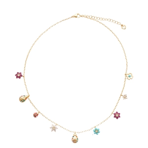 Golden flower and ladybird necklace with colorful crystals and enamel charms