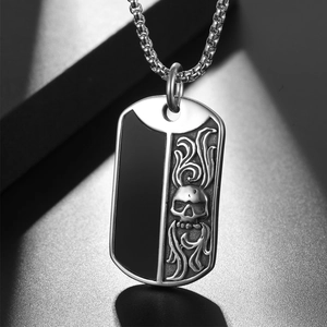 Titanium steel skull dog tag necklace with black and white two-tone pendant design