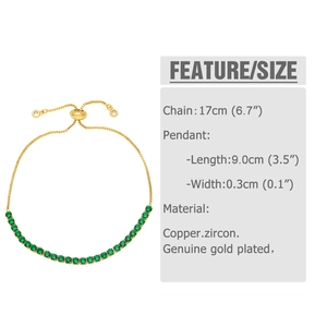 Detailed view of adjustable gold-plated brass bracelet with green cubic zirconia stones