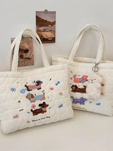 Quilted Tote Bag Polyester Cartoon Cat Dog Embroidery Heart Pattern Korean Ins Style Handbag For Women Casual Shopping