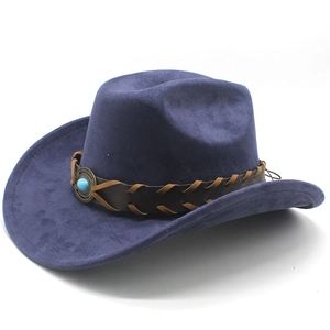 Detail of faux suede navy cowboy hat with brown braided band and turquoise stone accent