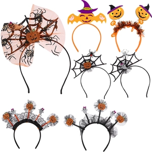Set of 7 assorted Halloween headbands with glitter pumpkin ghost and spider mesh designs